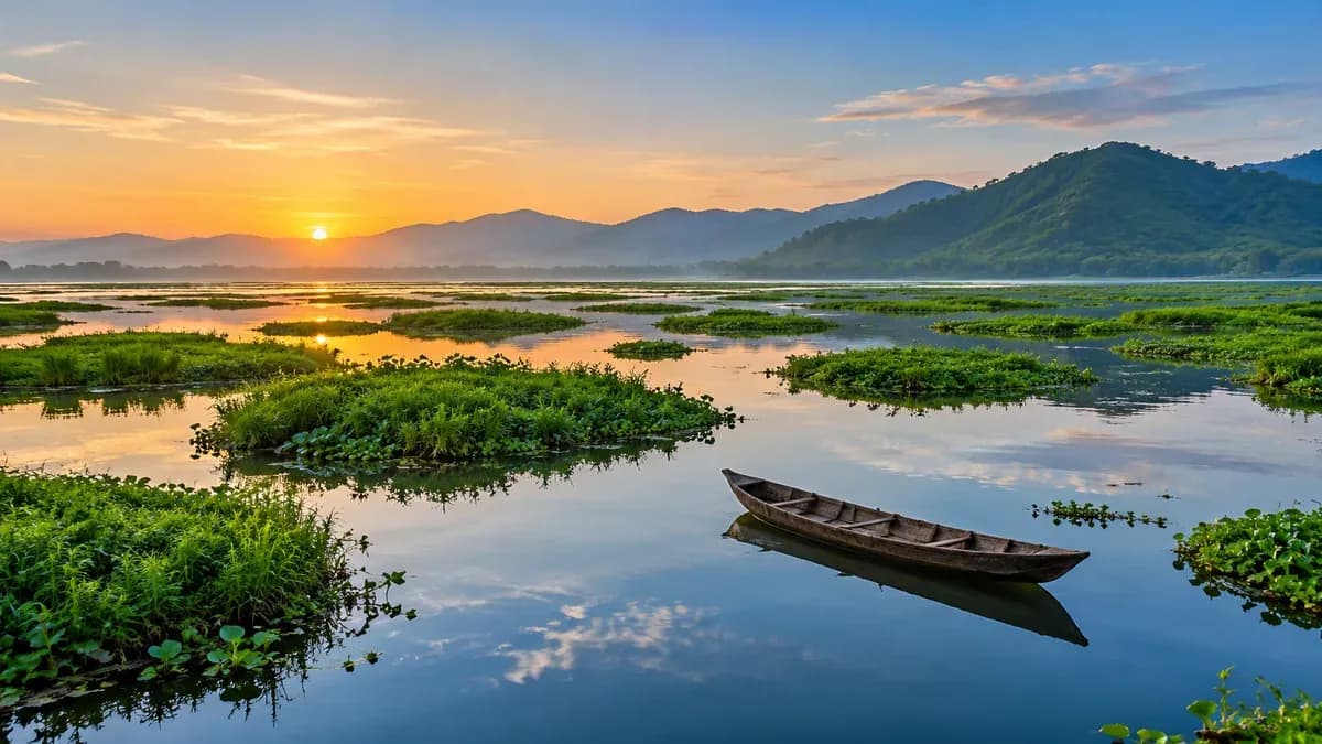 Representative serene northeastern Indian freshwater lake inspired by Loktak, floating rounded green vegetation islands, one small unoccupied wooden fishing canoe, distant soft green hills, dawn natural light. No festival scene or claim of actual location photography.