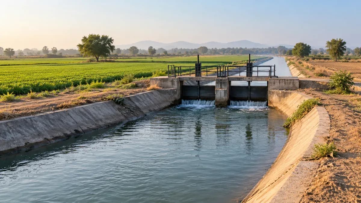 A generic western Indian irrigation canal running through dry agricultural land, green field at one side, modest water-control gate, soft morning light, water-sharing concept, no actual infrastructure identification.