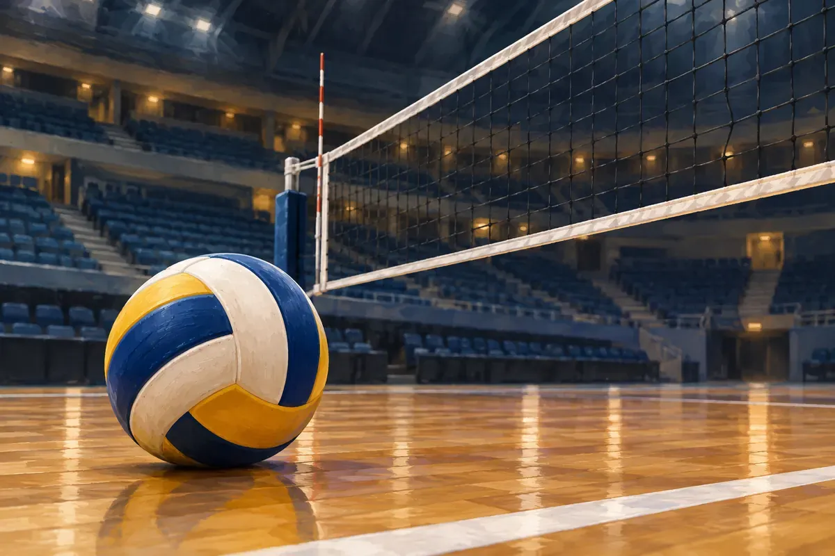 AI-generated illustration of a volleyball and indoor court