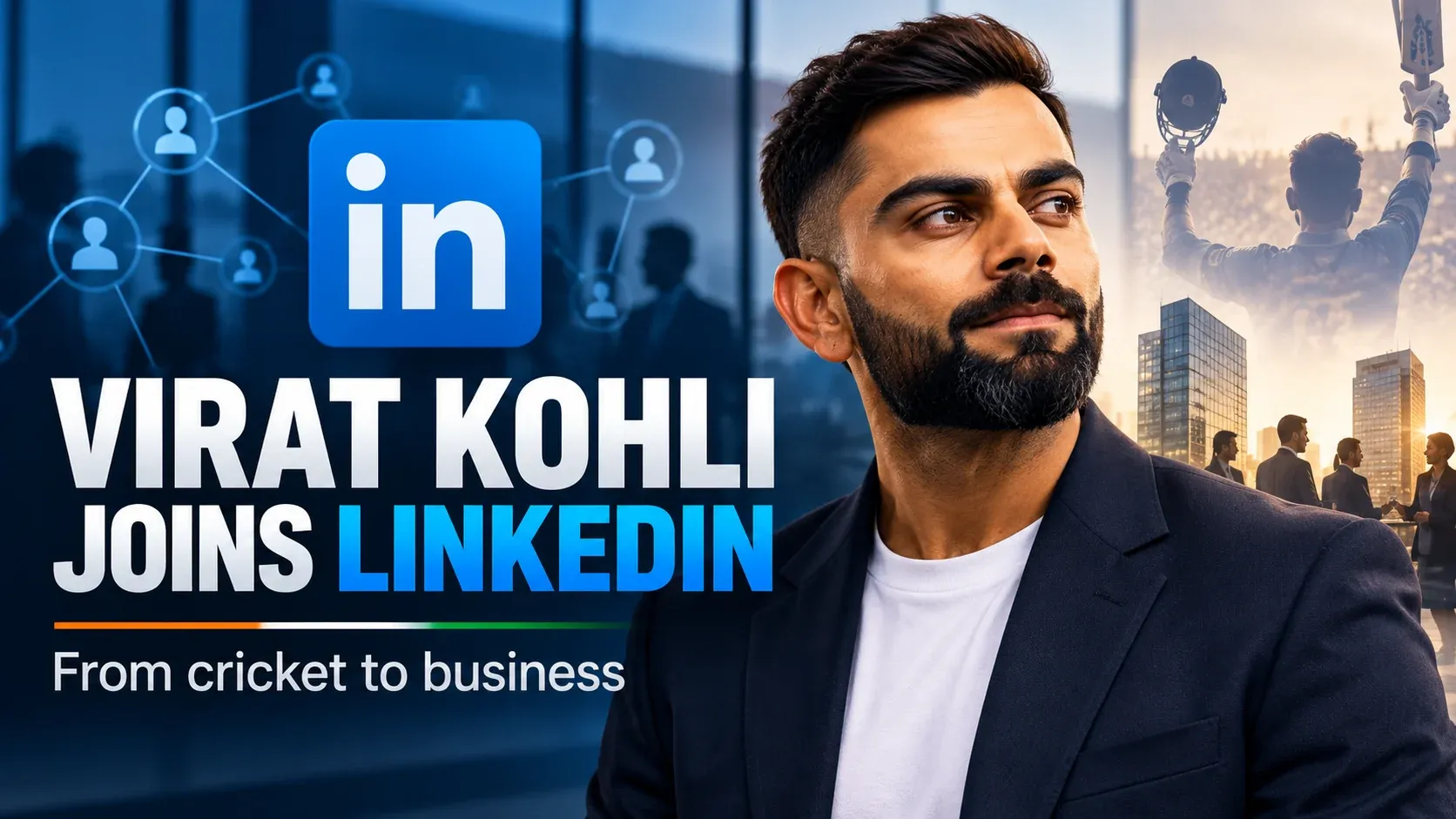 Editorial illustration about Virat Kohli joining LinkedIn, combining professional networking and business imagery.
