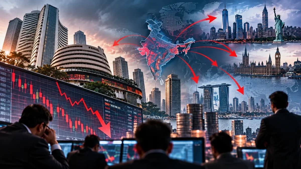 AI-generated financial illustration showing market screens, global financial centres and red downward arrows representing foreign portfolio outflows.