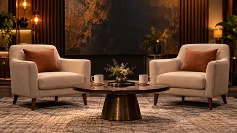 AI-generated illustration: An empty conceptual interview studio; not the Koffee With Karan set or its guests.