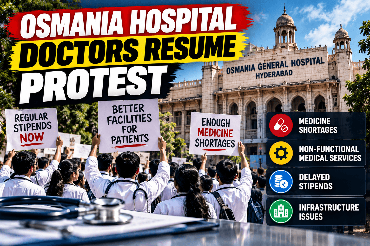 Editorial illustration of Osmania General Hospital in Hyderabad and junior doctors protesting over reported shortages and hospital facilities.