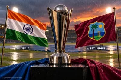 AI-generated illustration of a generic cricket trophy between India and West Indies cricket flags