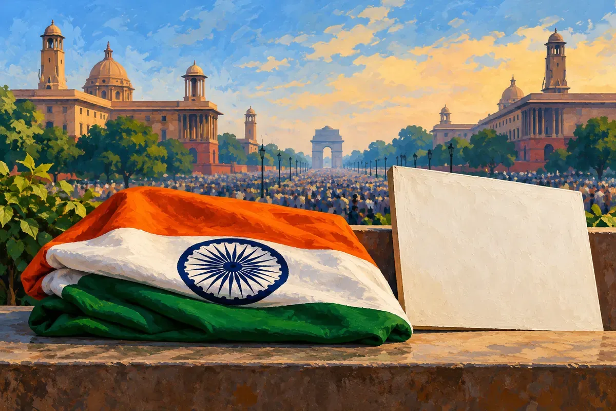 AI-generated illustration of a symbolic Indian flag and protest placard