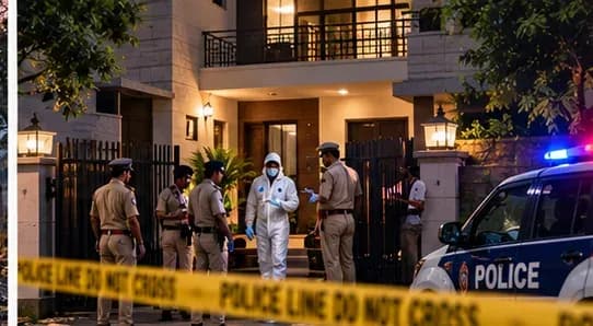 AI-generated editorial illustration of police investigating a residential case; not a real crime-scene image.