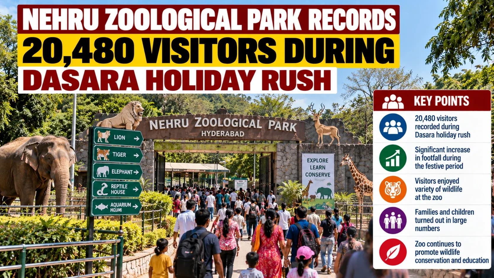 AI-generated illustrative artwork depicting a busy Dasara holiday at Nehru Zoological Park in Hyderabad; not a documentary photograph or official infographic.