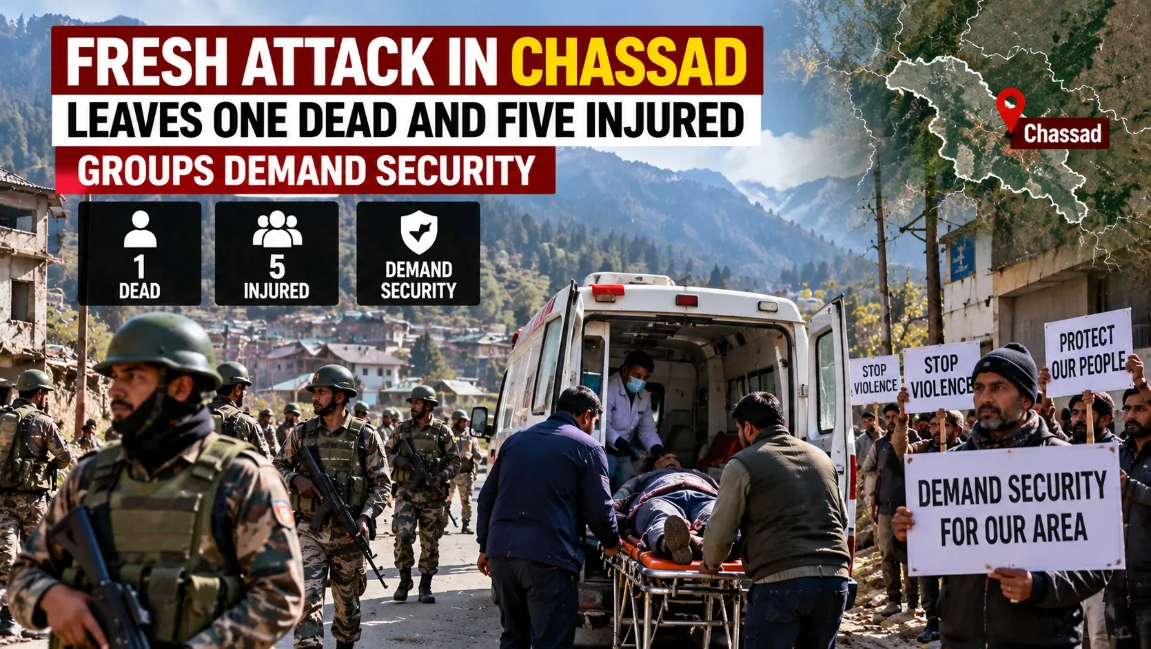 AI-generated illustrative artwork depicting an emergency response and community security concerns in Chassad, Manipur; not a documentary photograph.