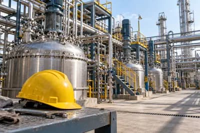 AI-generated representative image of generic chemical-plant equipment and a safety helmet