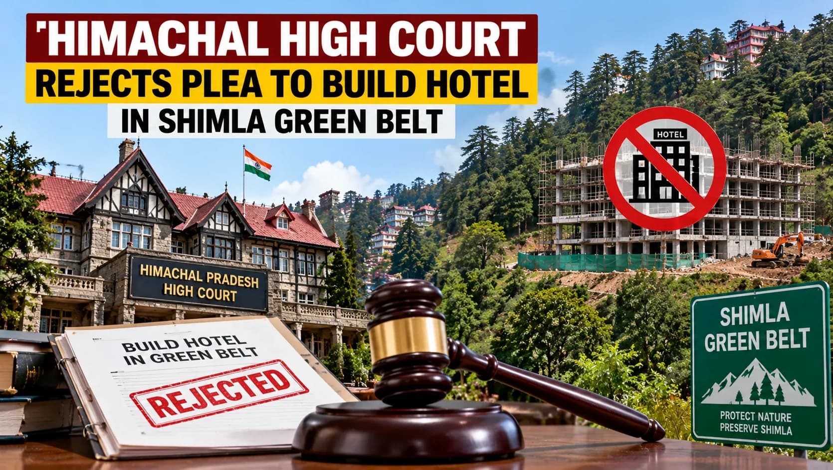 AI-generated editorial illustration of the Himachal Pradesh High Court rejecting a hotel construction plea in Shimla's green belt; not a documentary photograph.