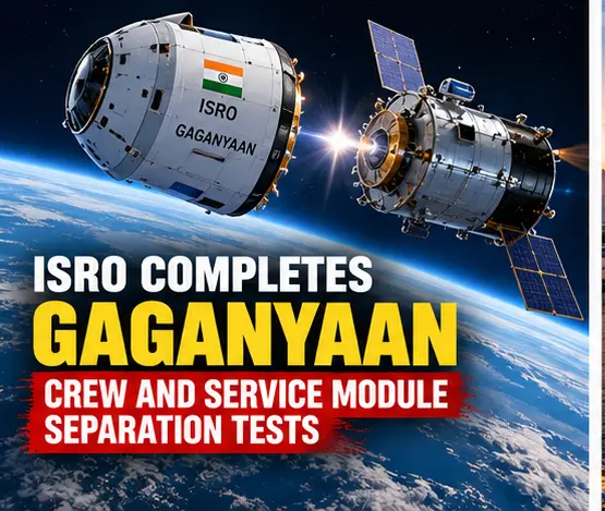 AI-generated conceptual illustration of Gaganyaan crew and service module separation in space; not an official ISRO image.