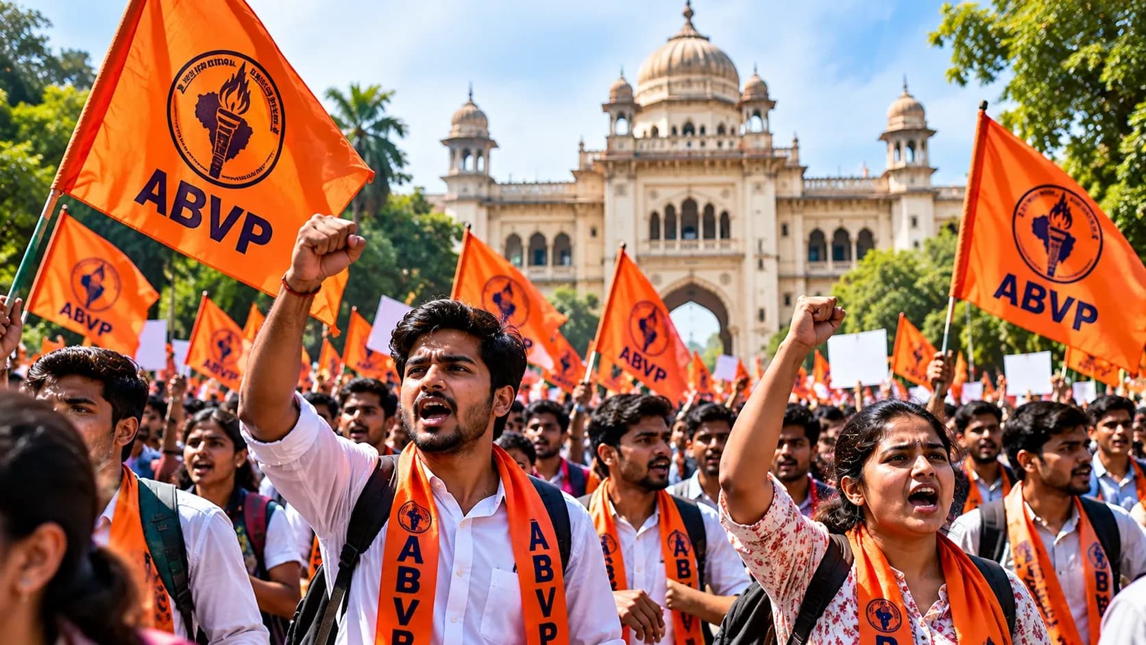 AI-generated illustrative image of an ABVP student rally outside a university building in Lucknow; not a documentary photograph.
