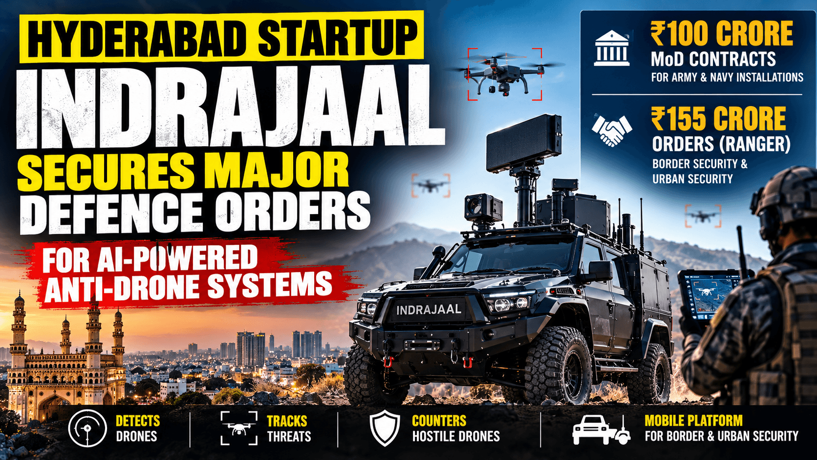 AI-generated illustration of an Indrajaal-branded mobile anti-drone vehicle with drone detection graphics; not a photograph of actual equipment.