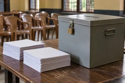 AI-generated representative image of a generic ballot box and blank papers