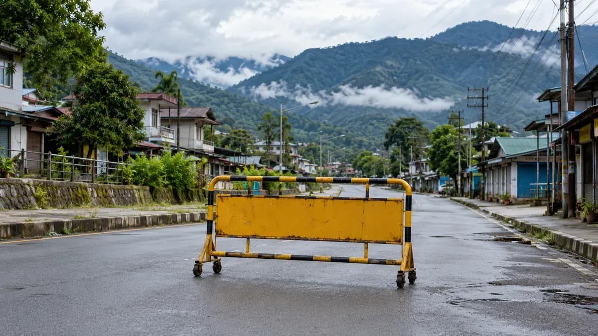A quiet generic eastern Himalayan town street with lush foothills, a simple unattended portable road barrier in foreground, overcast daylight. No fires, riots, police confrontation or identifiable incident; conceptual public order illustration.