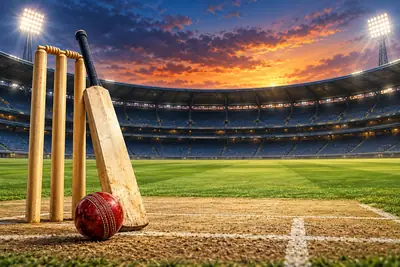 AI-generated illustration of cricket equipment in an empty stadium
