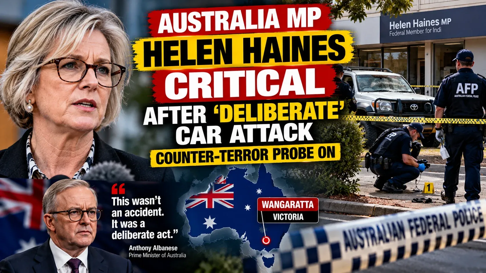 News graphic about Australian MP Helen Haines being critically injured in a car attack in Wangaratta