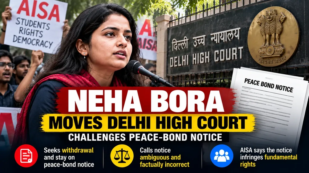 AI-generated editorial illustration depicting Neha Bora and the Delhi High Court in relation to a peace-bond notice