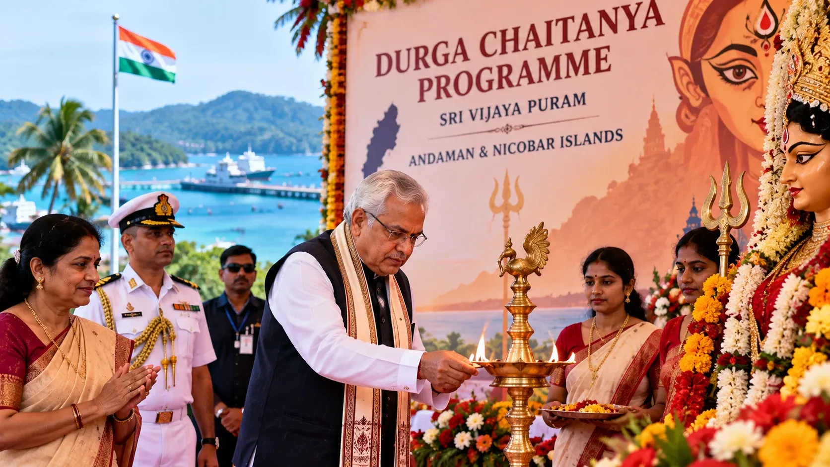 AI-generated illustrative artwork of a Durga Chaitanya ceremony in Sri Vijaya Puram, Andaman and Nicobar Islands; not a documentary photograph.