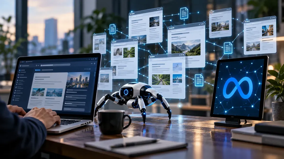 AI-generated illustration: Conceptual illustration of Meta and automated website crawling; not an actual Meta product interface.