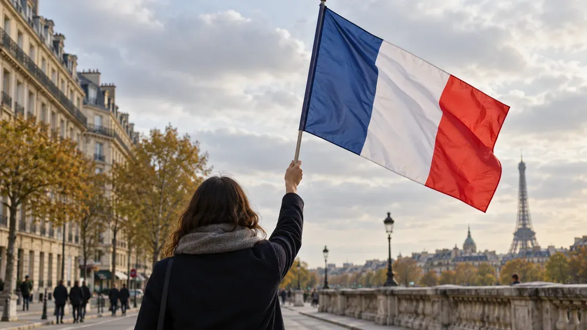 French blue white red tricolour held by one anonymous adult viewed from behind on a generic French boulevard, a few distant pedestrians, calm cloudy light, no police, violence, placards or invented mass demonstration; representative civic expression concept.