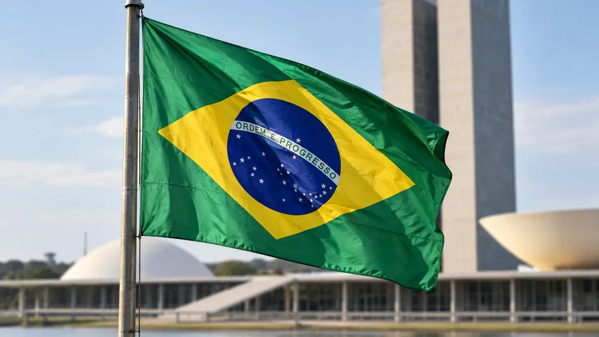 Close-up Brazilian flag on a simple pole in a civic plaza with softly blurred neutral modern civic architecture behind, natural daytime light, accurate flag, no people, no vote numbers or celebration; representative election concept.