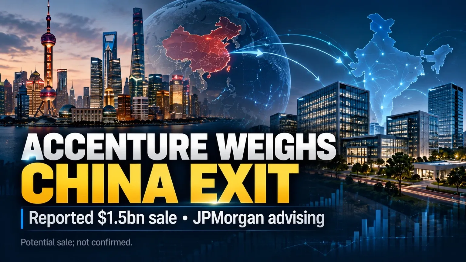Illustrative business graphic depicting China and India technology markets and a reported potential Accenture China sale.
