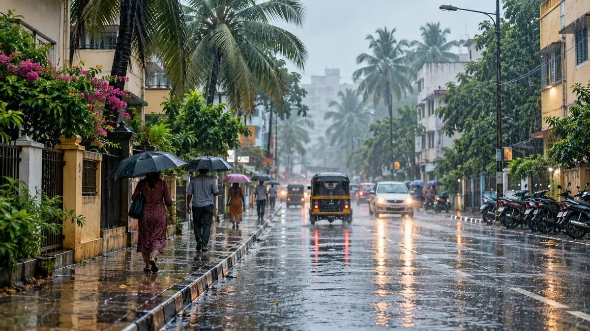 AI-generated illustration: Rain on a generic southern Indian street; not a record of a specific October 18 event.