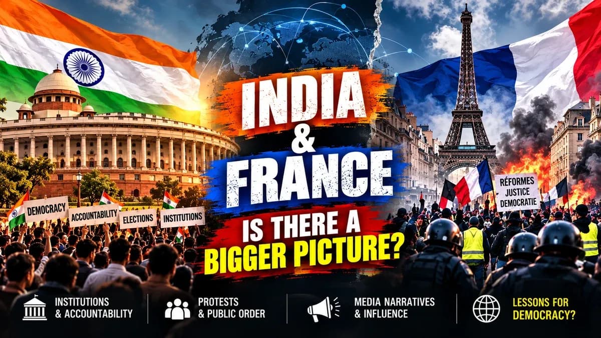 Editorial illustration comparing India and France, with Parliament, the Eiffel Tower, protest crowds and questions about democracy.
