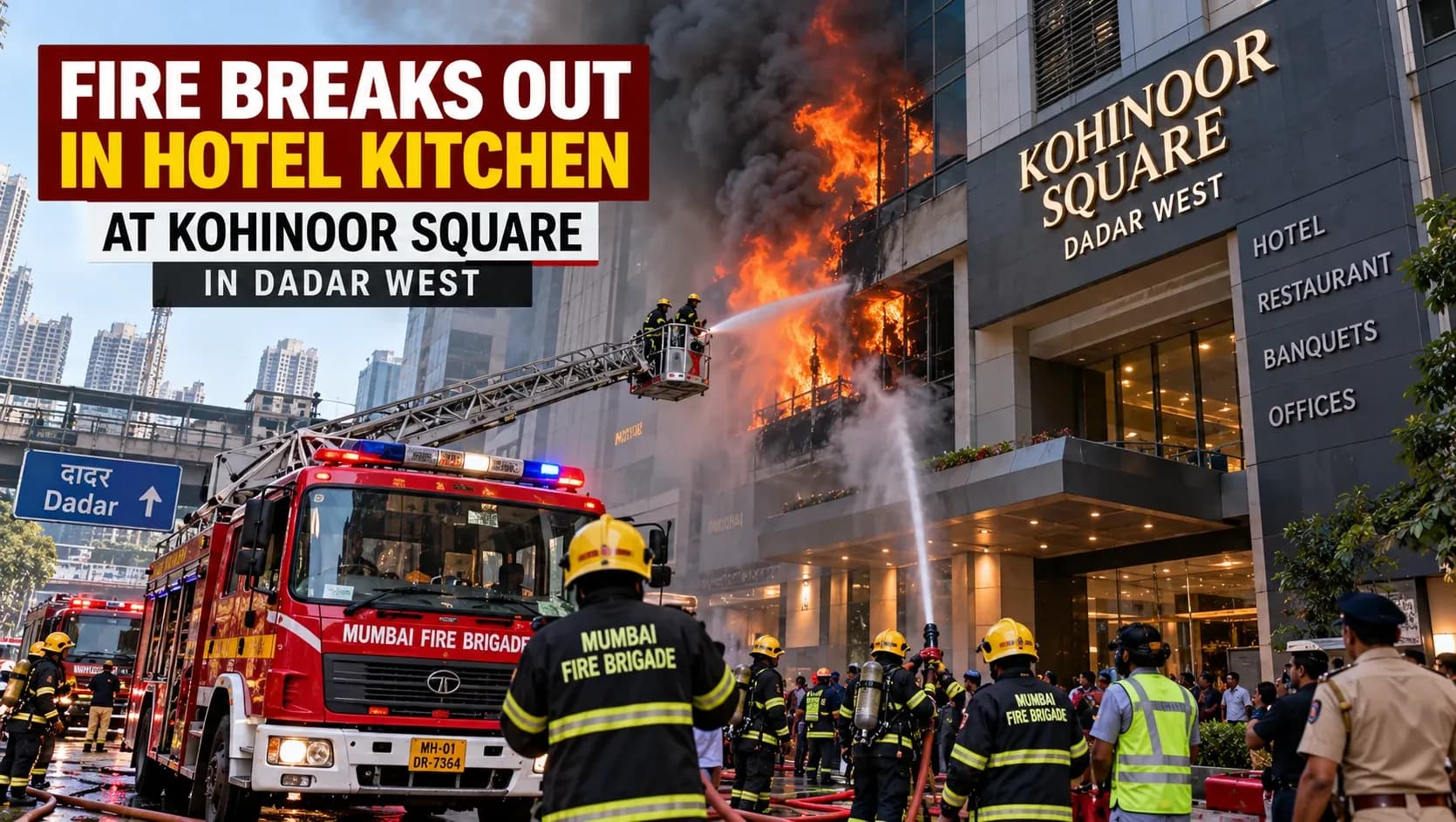 AI-generated illustrative artwork depicting firefighters responding to a building fire at Kohinoor Square in Dadar West; not a documentary photograph.