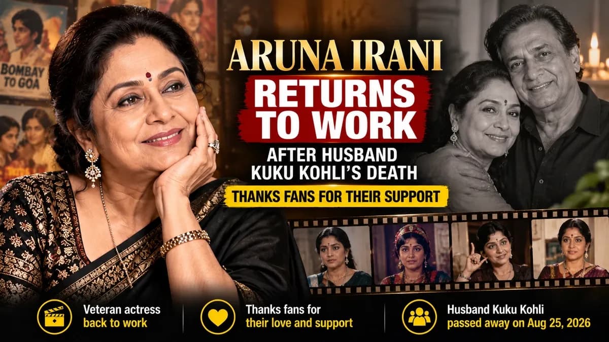 AI-generated entertainment editorial illustration about Aruna Irani returning to work after Kuku Kohli’s death