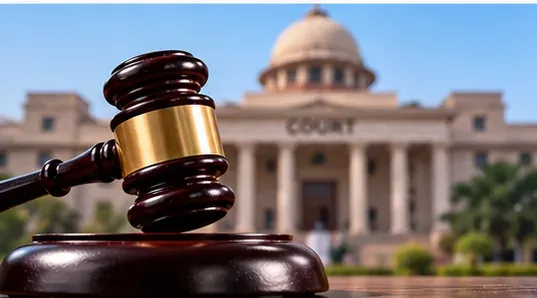 AI-generated editorial illustration of a courthouse in Karnataka; not a photograph of the court or people involved.