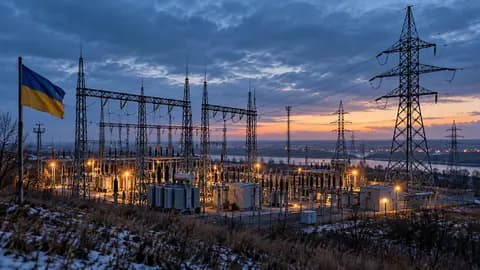 AI-generated illustration: Electricity infrastructure with a Ukrainian flag; not a photograph of an attacked site.