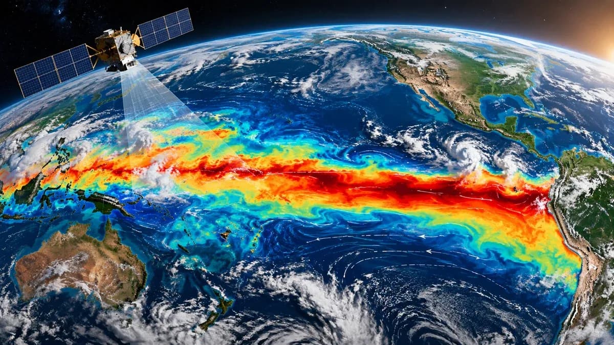 AI-generated orbital illustration of a satellite observing unusually warm equatorial Pacific waters; not an official NASA data visualisation.