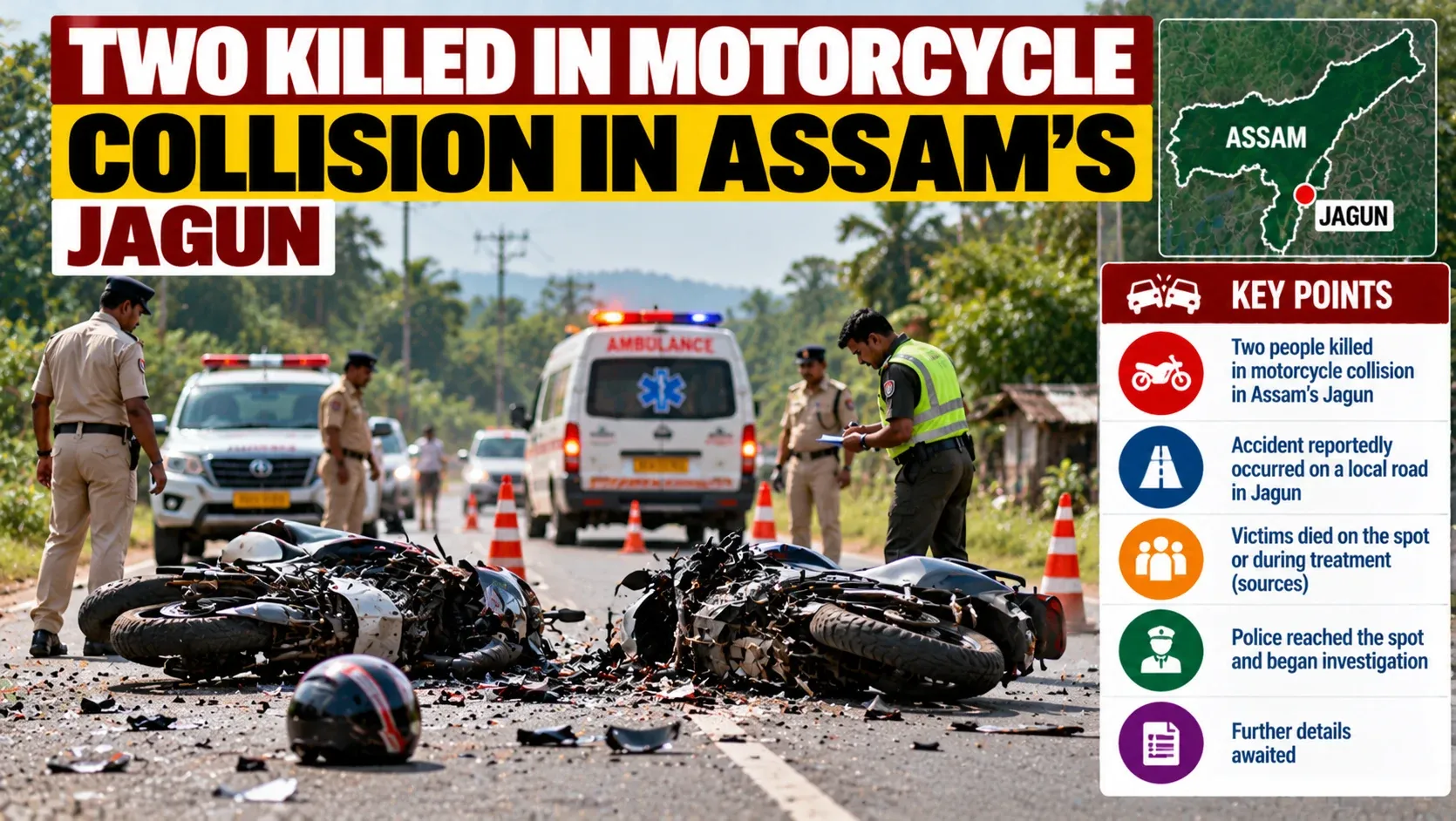 AI-generated editorial illustration of a motorcycle collision scene on a road in Assam; not a documentary photograph.