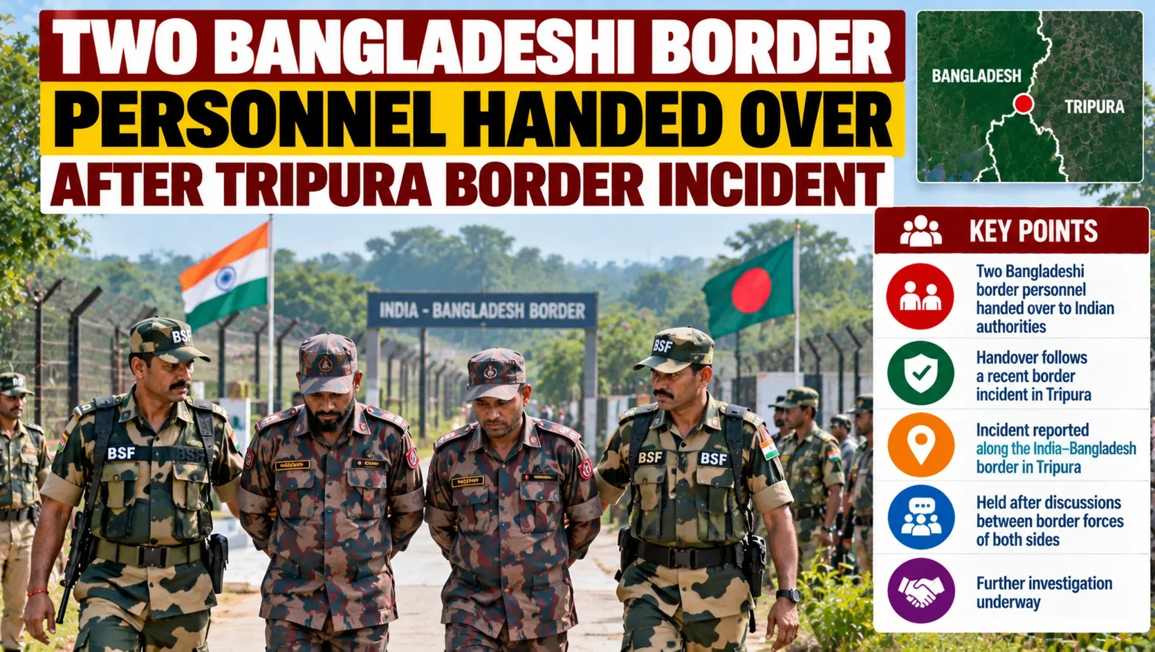 AI-generated editorial illustration of a border handover in Tripura; not a documentary photograph or official border map.