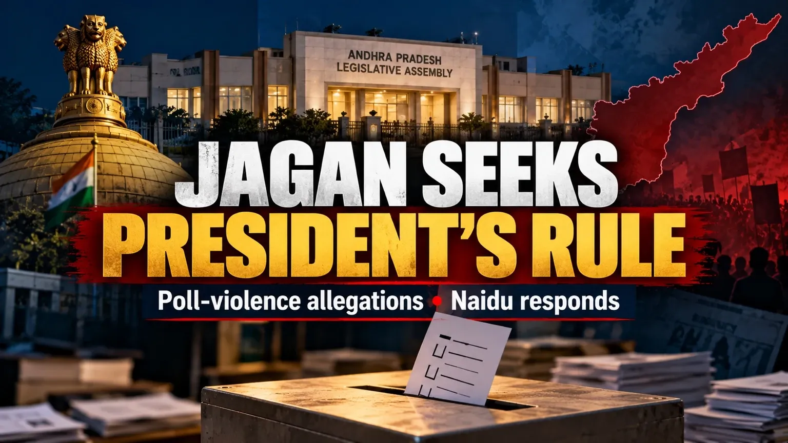 Illustrative graphic about Jagan’s demand for President’s Rule in Andhra Pradesh amid poll-violence allegations.