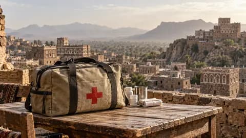 AI-generated illustration: Medical supplies overlooking a Yemeni-style town; not the reported Saada incident or an aid organisation photograph.