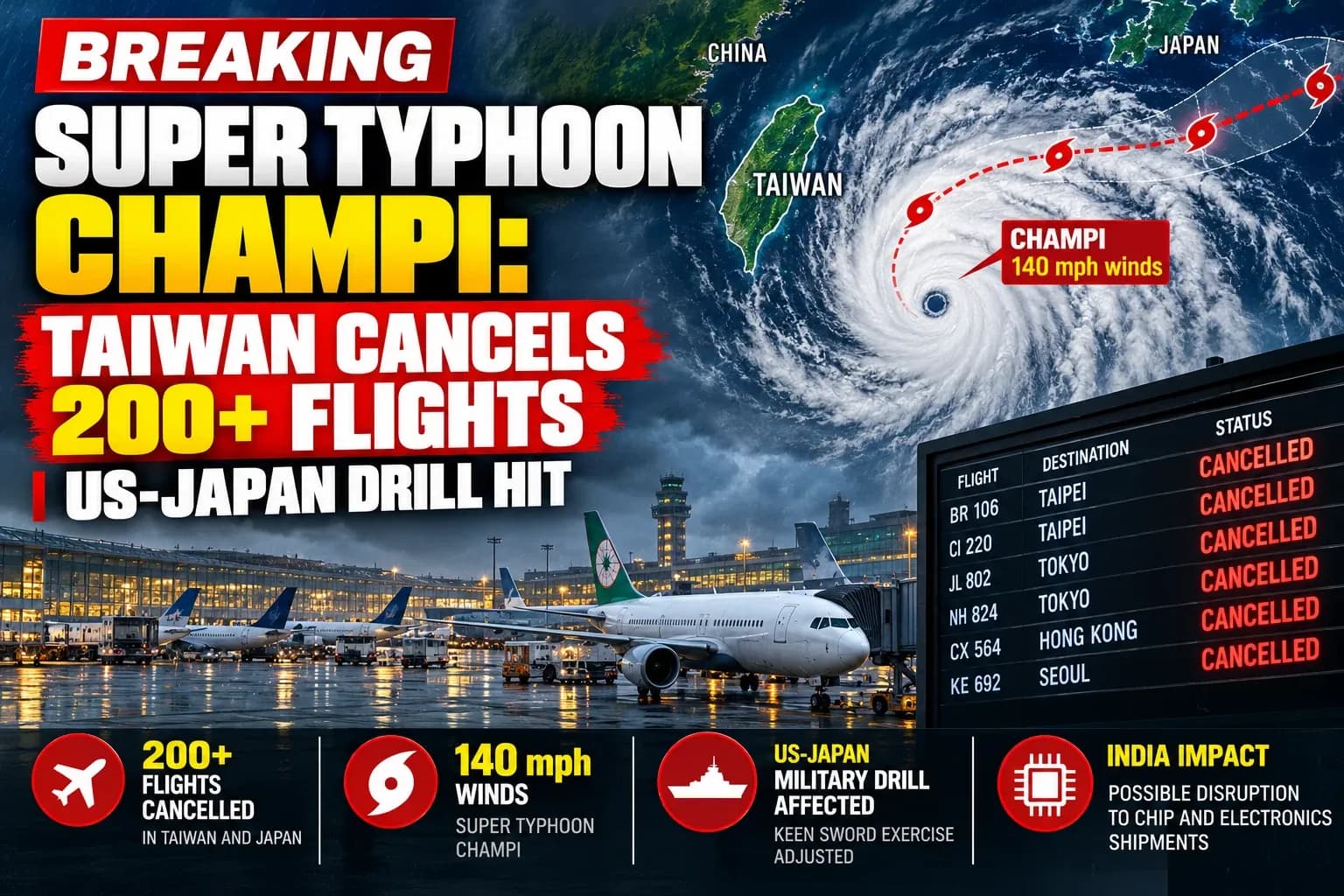 News infographic about Super Typhoon Champi approaching Taiwan and flight cancellations