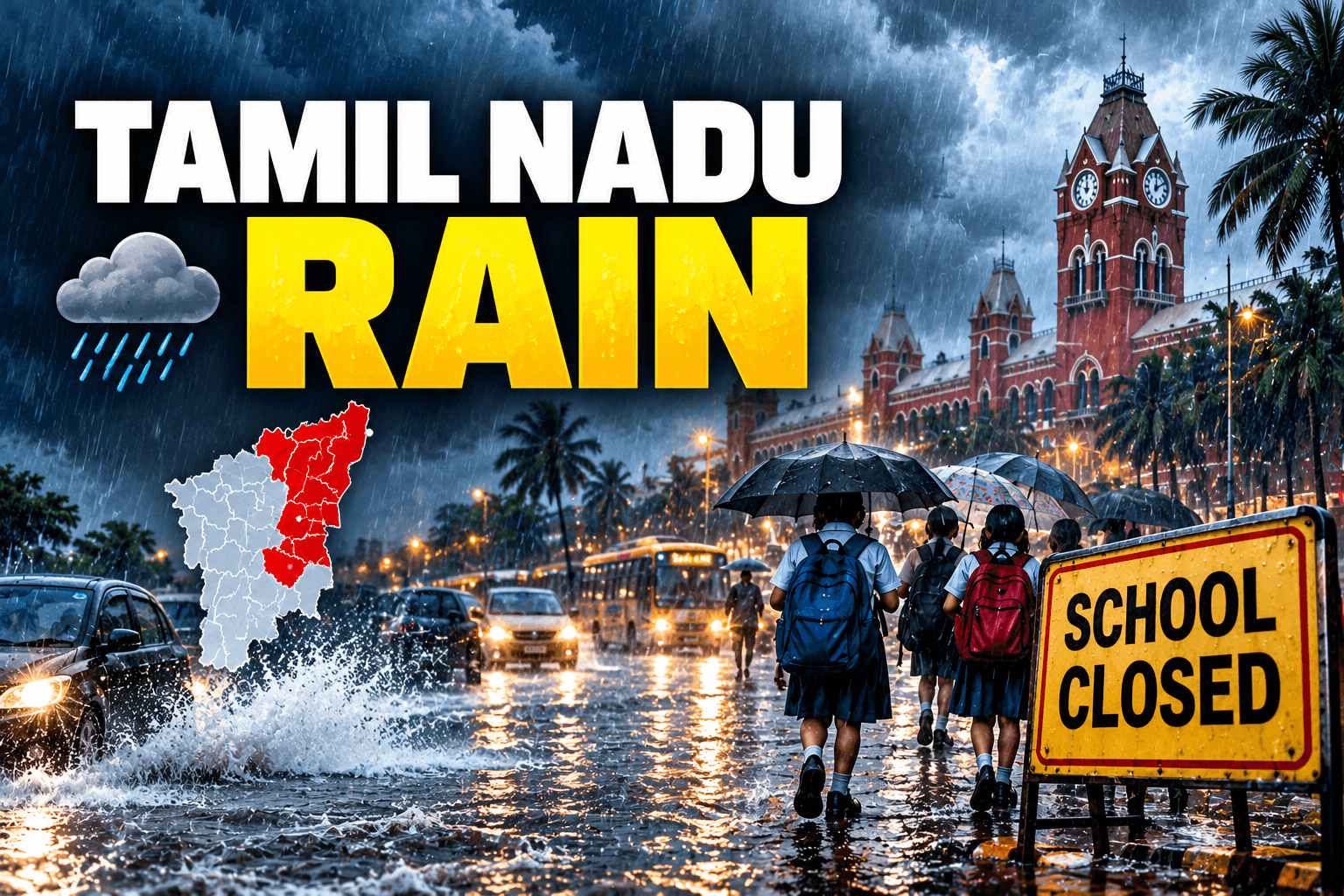 Dramatic editorial illustration of heavy rain in Tamil Nadu with a school closed sign and a highlighted state map