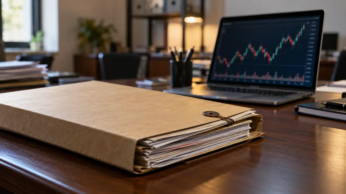 Close view of a plain evidence document folder beside a laptop with abstract unreadable financial chart, generic Indian investigation office, no drugs, handcuffs, people or agency logos. Subtle sober financial investigation concept.