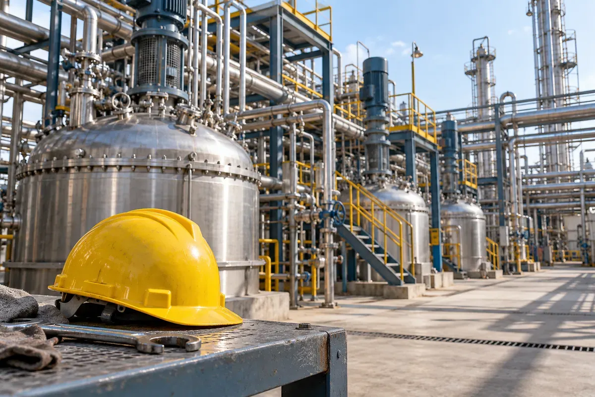 AI-generated representative image of generic chemical-plant equipment and a safety helmet