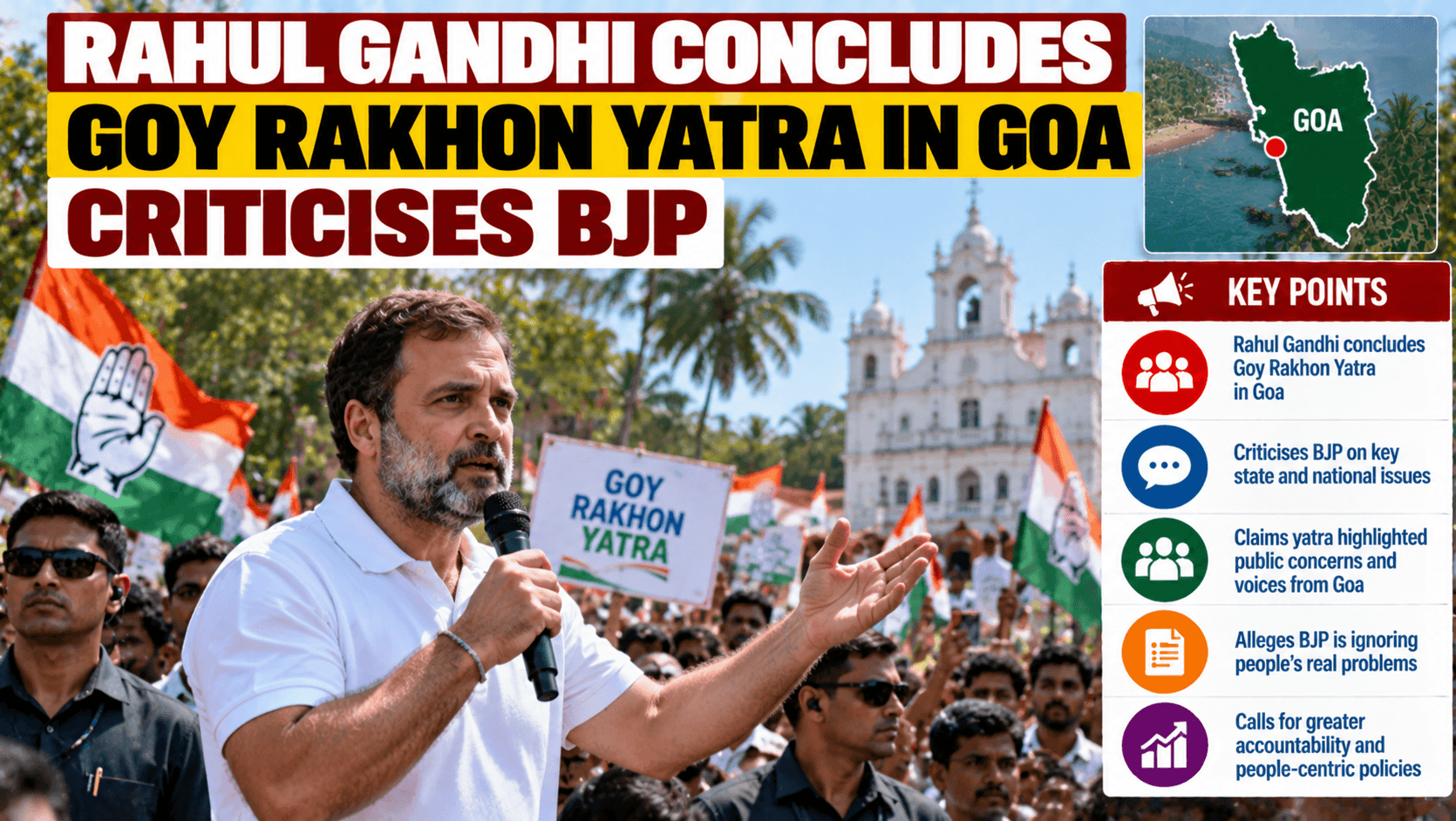 AI-generated illustrative graphic representing Rahul Gandhi concluding the Goy Rakhon Yatra in Goa; not a documentary photograph of the actual event.