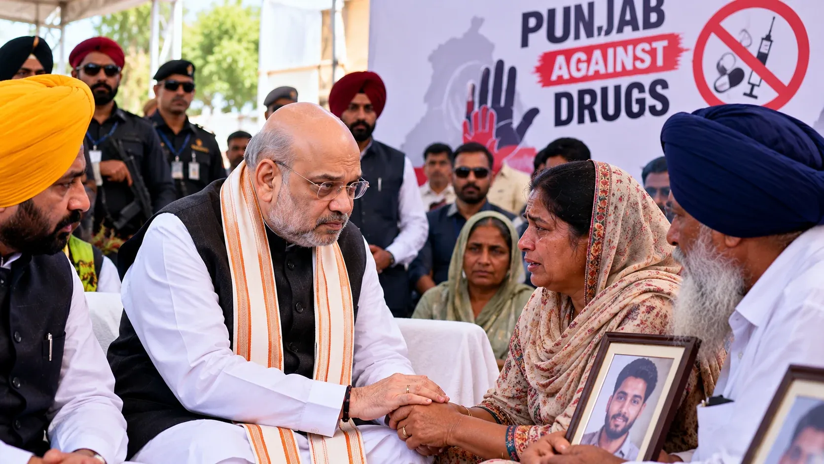 AI-generated illustrative artwork depicting a meeting with families affected by drug-related violence in Punjab; not a documentary photograph.