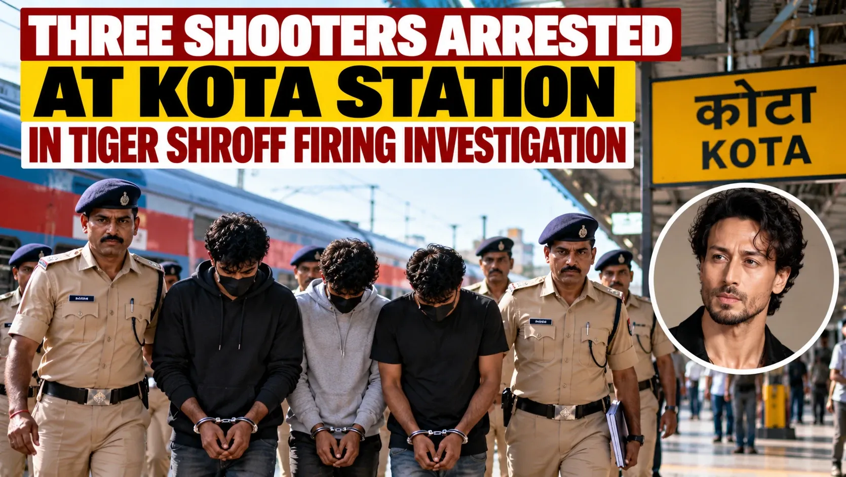 AI-generated editorial illustration of police escorting three suspects at Kota railway station in connection with a reported firing investigation; not a documentary photograph.
