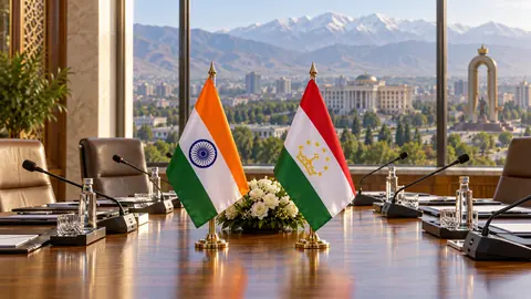 AI-generated illustration: Indian and Tajik flags in a conceptual conference setting; not the actual SCO meeting.