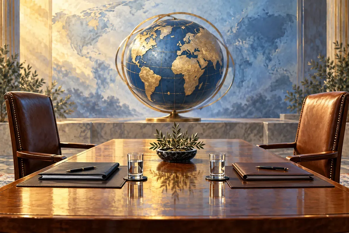 AI-generated illustration of a symbolic diplomatic meeting table