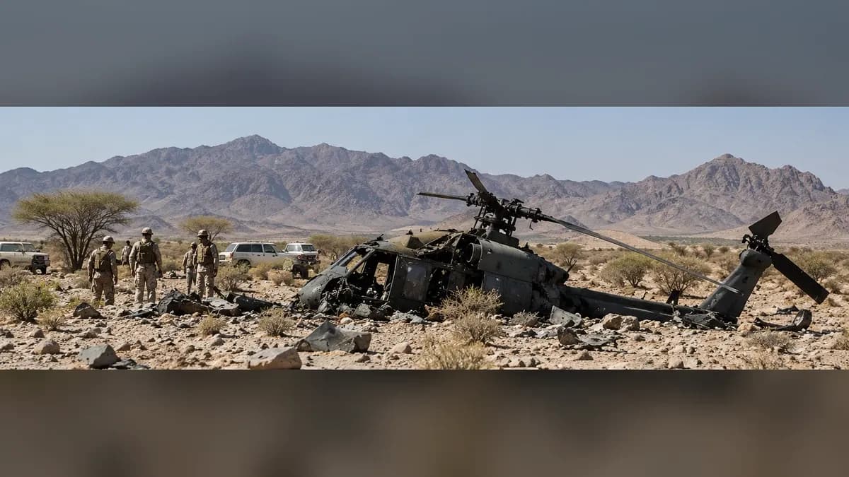 AI-generated illustrative scene of helicopter wreckage in a desert landscape near Najran, Saudi Arabia; not an actual photograph.