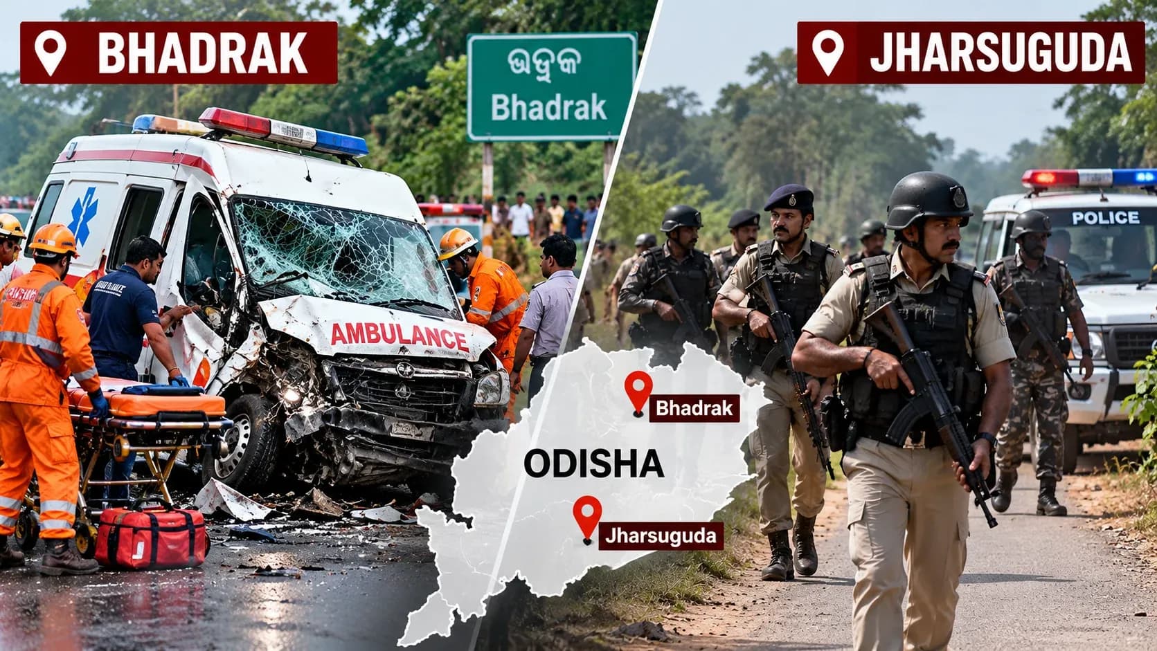 AI-generated illustrative artwork depicting an ambulance crash response in Bhadrak and a police operation in Jharsuguda, Odisha; not a documentary photograph.
