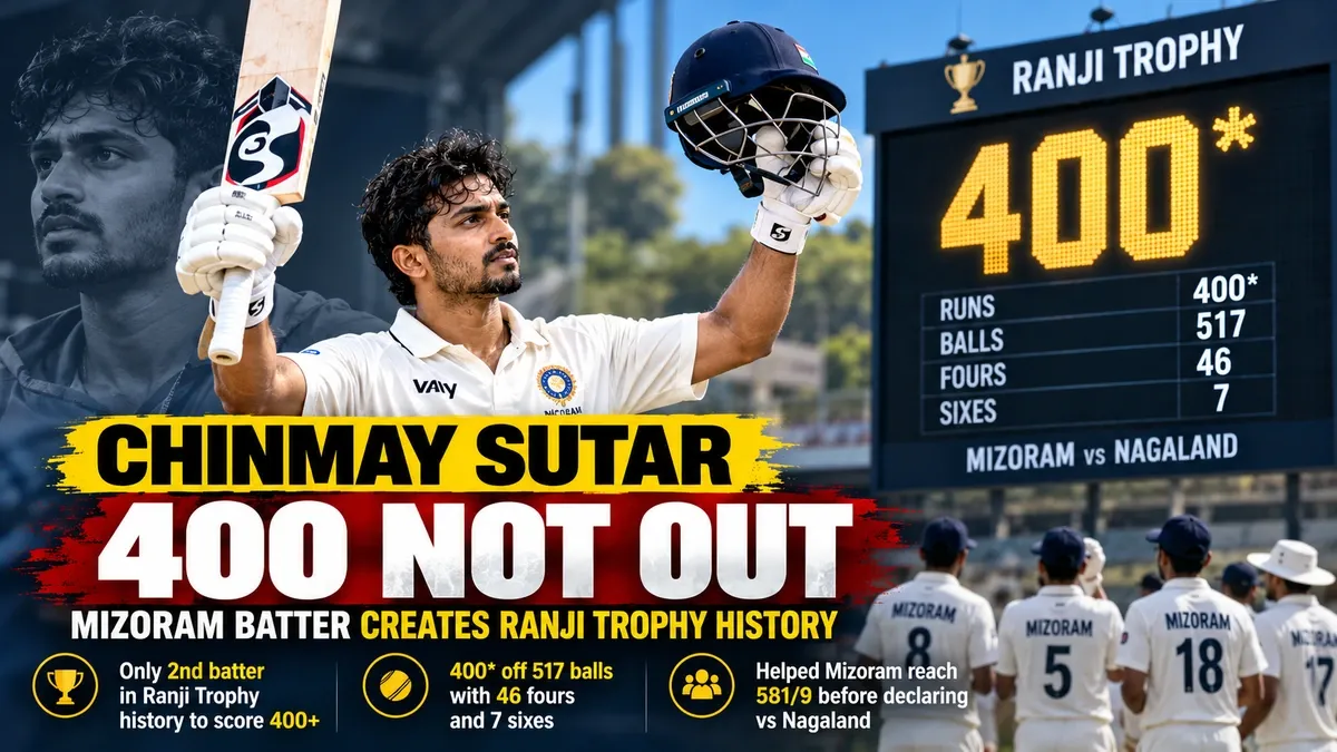 AI-generated editorial illustration of Chinmay Sutar celebrating an unbeaten 400 in the Ranji Trophy
